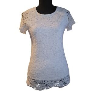 Brittany Black Top M White Floral Lace Short Sleeve Lined Cottagecore Blouse Y2K